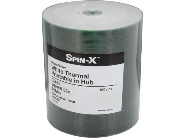 Spin-X CD-R 80 Minute/700mb/52X White Thermal Hub Printable- 100 Disc Spindle - 80R52SNG-WTH100B